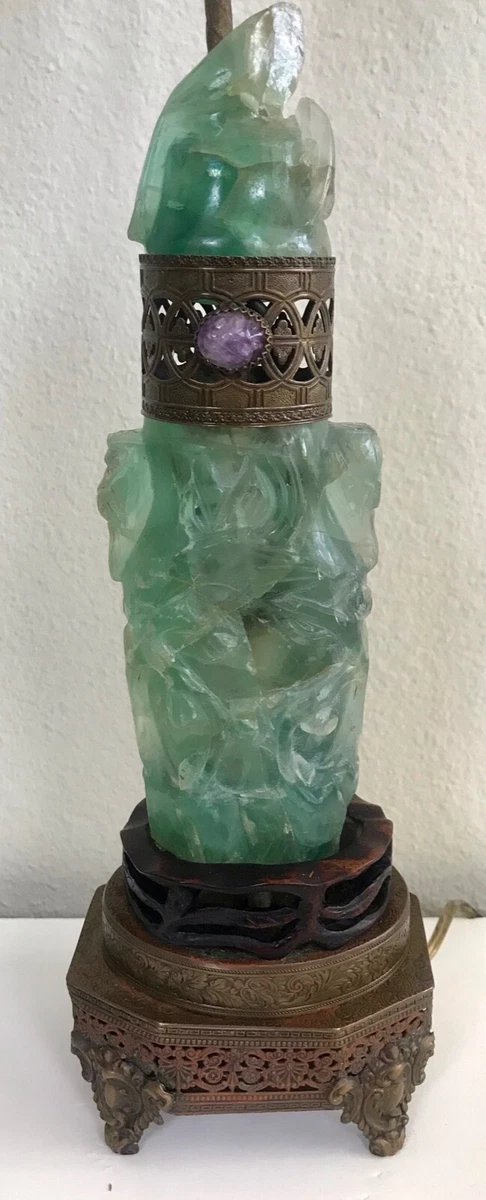 Antique Chinese Carved Jade Quartz Rosewood Brass Mounted as Table Lamp