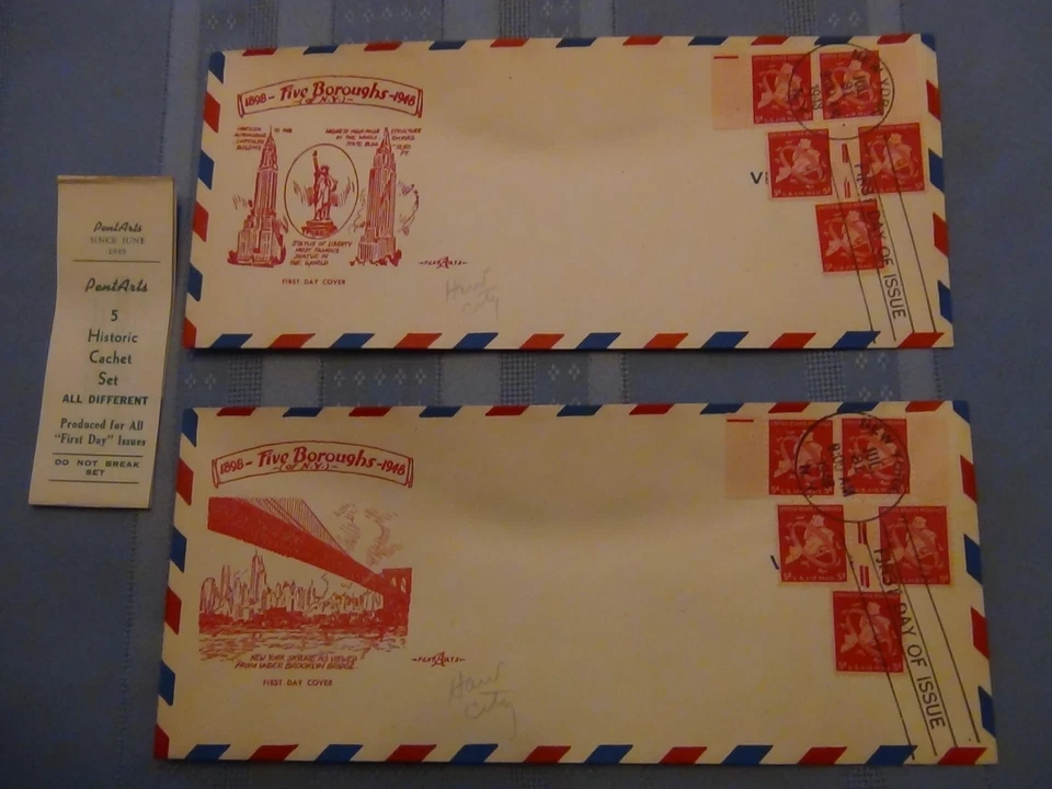US # C 38 5 C Airmail Set Of 5 Pent Arts Cachet Unaddressed  FDC W/Label  #10  - Image 3 of 4