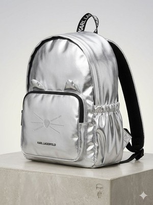 Karl Lagerfeld Kinder Rucksack Original Silber Glitzer Katze Schulrucksack Mädch