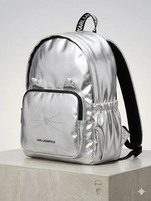 Karl Lagerfeld Kinder Rucksack Original Silber Glitzer Katze Schulrucksack Mädch - Bild 1 von 4