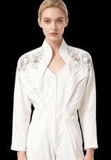 Vintage 80's IIF White Jumpsuit Beach Cruise Shells Bejeweled Straight Leg 12