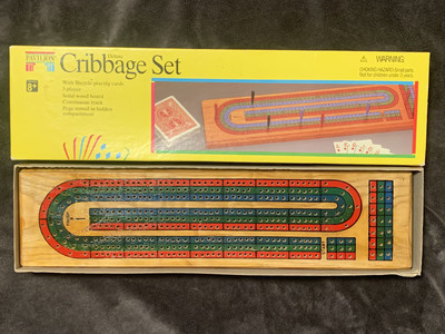 Pavilion Deluxe Cribbage Set Bicycle Cards Solid Wood Board Peg Storage