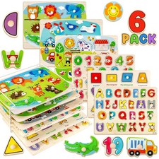 Wooden Puzzles for Toddlers, 6 Pcs Alphabet Puzzle ABC Shape Number Animal Fa...