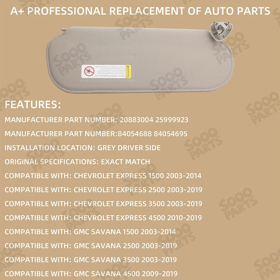 Left Driver Side Sun Visor W/O Light Mirror For 1999-2019 Chevrolet Express Foto 2 de 4