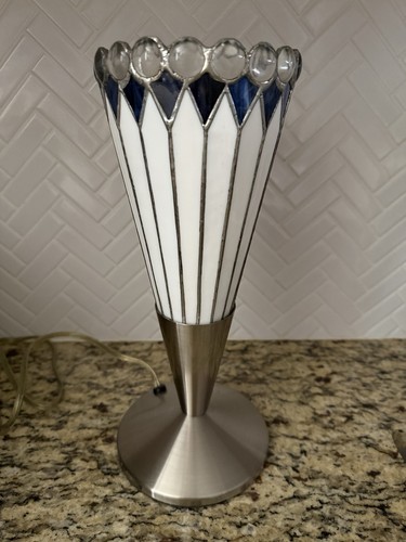 Vintage Art Deco 3 Way Touch Table Top Lamp Blue & White Glass 12.75”x 5.5”