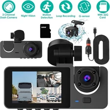 1080P Car Dash Cam 3-Camera 4K Front/Rear/Inside Video Recorder /Free+32GB Card