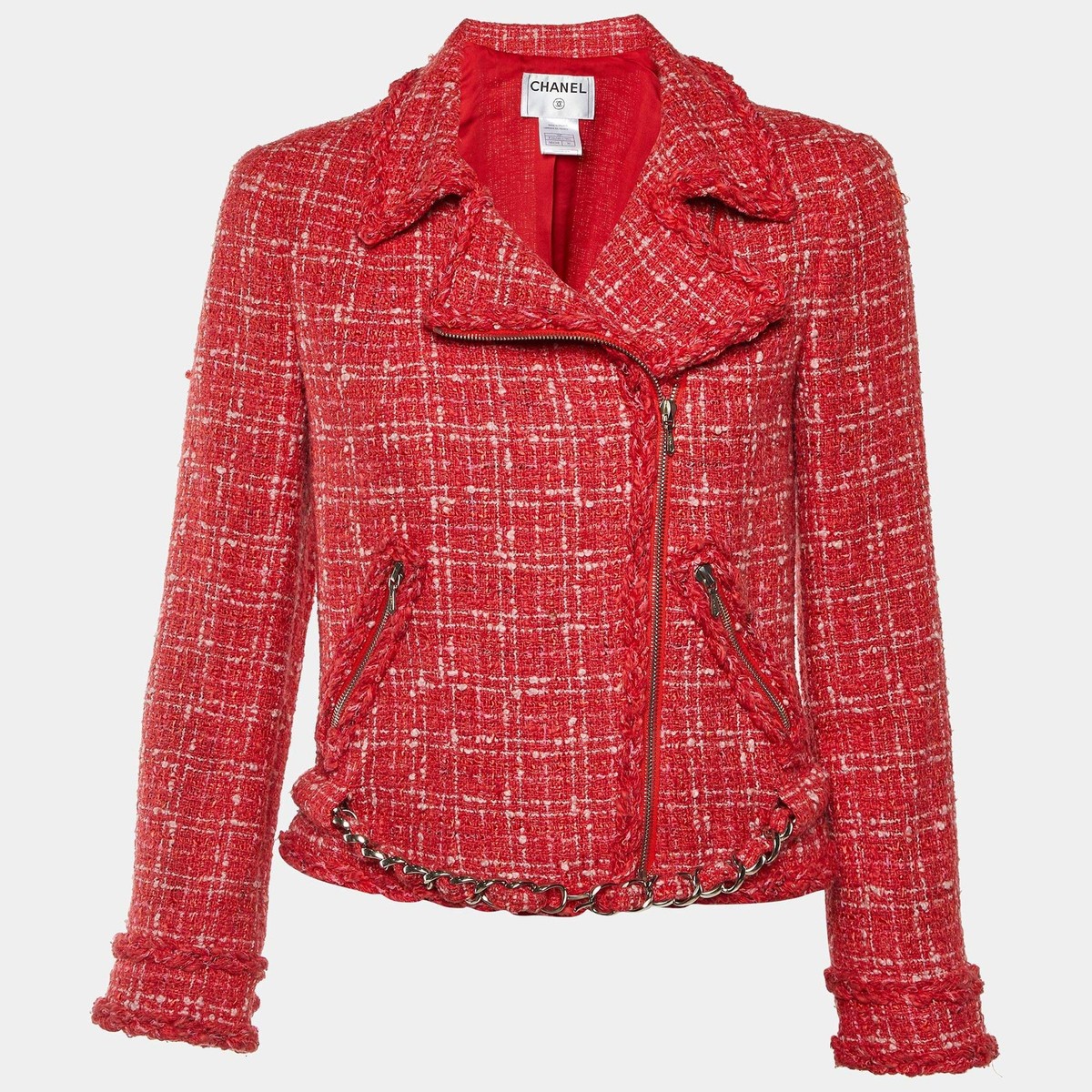 Chanel Red Tweed Zip Up Chain Detail Jacket S | eBay