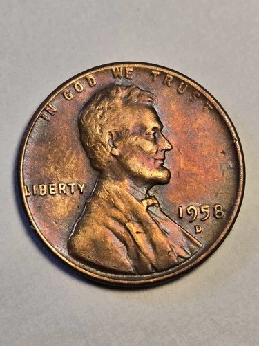 1958 D Lincoln Wheat Cent Penny 1c Very Good Details Toned Obv, Exact Coin Shown