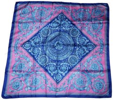 ATELIER VERSACE Medusa Baroque Pattern 100 Silk Scarf, Blue, Pink, 36"