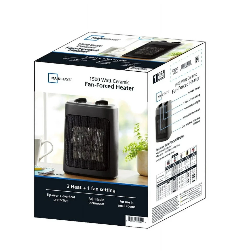 Mainstays 1500W Ceramic Fan-Forced Electric Space Heater Black Open Box - Image 2 of 4