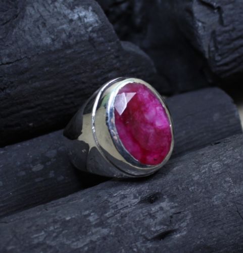 Solid 925 Sterling Silver Natural Ruby Corundum Cut Gemstone Signet Men's Ring - Picture 6 of 12