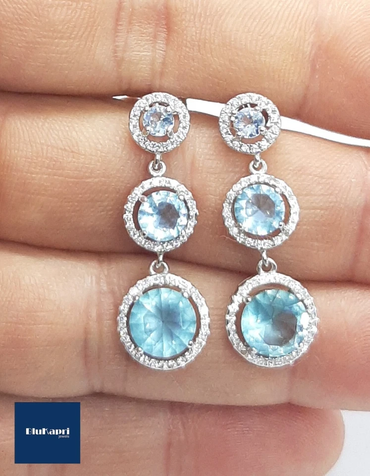 Orecchini lunghi pendenti Donna in Argento 925 con zirconi bianchi e acquamarina - Immagine 3 di 4