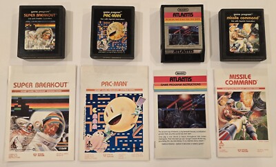 4 Atari 2600 Game Lot Pac-Man Atlantis Super Breakout Missile Command + Manuals