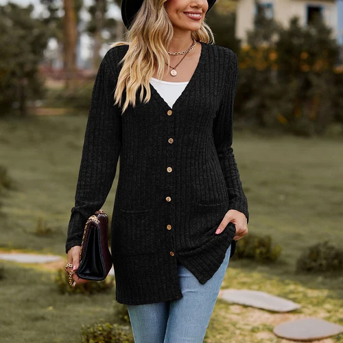 Damen Strickjacke Langarm vorne offen drapiert Pullover Knopfleiste Basic Cardigan - Bild 12 von 32