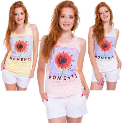 UK Damen Neu Trend Print Trägertop Spruch Moments Bluse Sonnenblumenmuster FB320
