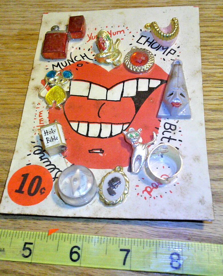 Vintage display card 10c mini lighter charms holy bible ring #jd519