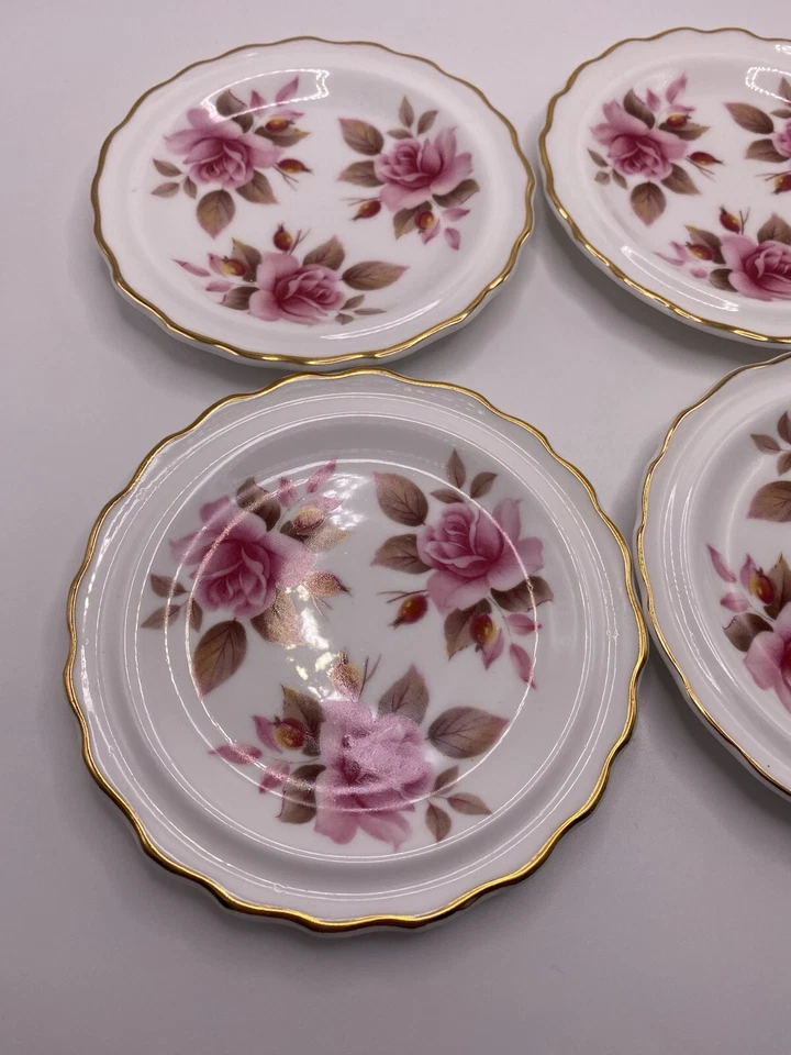 Royal Grafton Bone China Pink Roses Set de 4 tapetes/echadores de mantequilla borde dorado 4”D Foto 2 de 4