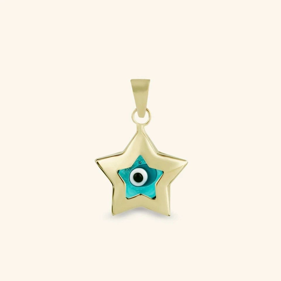 Dije colgante de 3/4" estrella inflada mal de ojo real oro amarillo de 14K dije de buena suerte