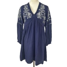 Blue Rain Dress Large Navy Blue Embroidered Long Balloon Sleeves Cottage Core