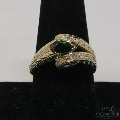 Green Tourmaline Pear Shaped 1.04 CT Egyptian Inspired 14K Gold Ring Sz 10 24872