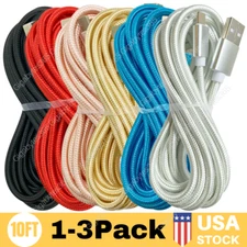 10Ft Long USB Fast Charger Cable For iPhone 14 13 12 11 8 Braided Charging Cord