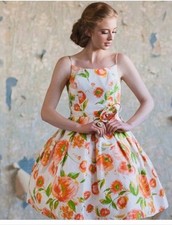 EUC Retro Pinup Unique Vintage Orange Floral Tea Dress W Tulle Skirt Sz M
