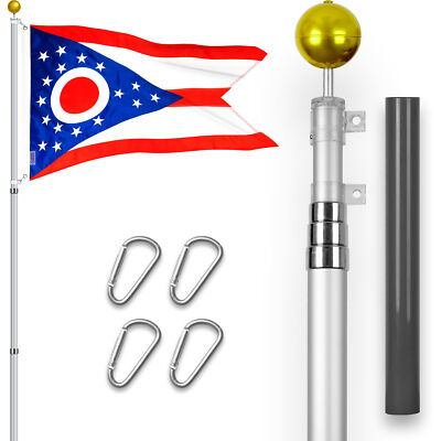 Combo: 16 Ft Telescoping Flagpole Silver & Ohio OH State Flag 3x5 Ft Emb 300D
