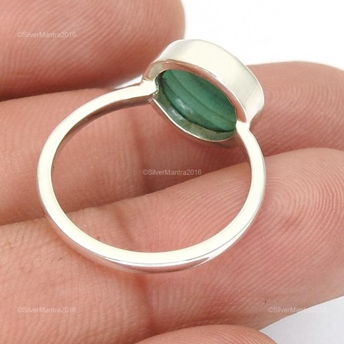 Solid Sterling Silver Natural Malachite Cocktail Statement Bezel Ring Size Q - Picture 5 of 8