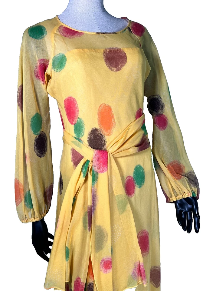 Vestido de crepé amarillo Helga vintage años 60 estampado circular geométrico vestido con tirantes pequeño Foto 2 de 4