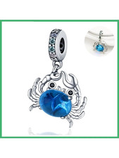 925 Sterling Silver Blue Crab Charms Pendant with Cubic Zirconia,Fit DIY Bracele