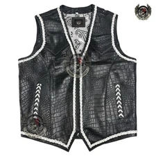 Men's Braided Black Leather Biker Vest Paisley Lining Motorcycle Waistcoat