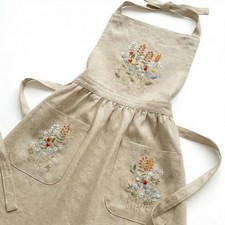 Linen Apron with Hand Embroidered Floral Design, Natural Fabric Apron for Kit...