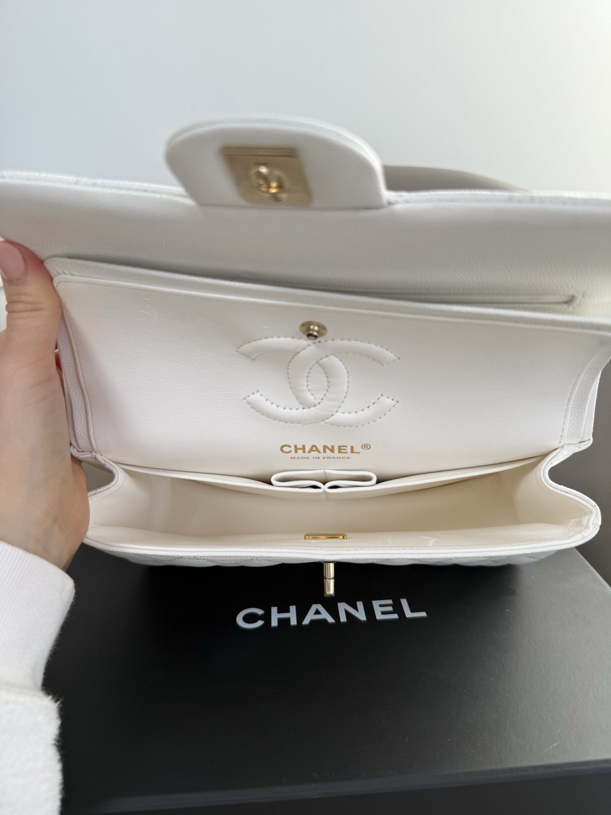 Authentic Chanel Double Flap Bag In White Caviar image 10