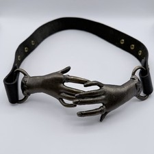 Vintage Clasping Hands Buckle Black Leather Belt, Georges Mailian Style, 1970s