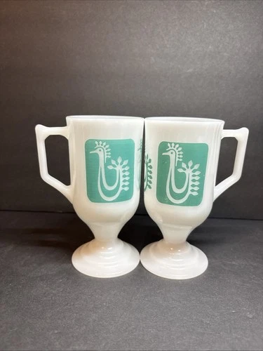 VTG MCM Set Of 2 Federal Milk Glass Pedestal Mugs Danish Turquoise Rooster