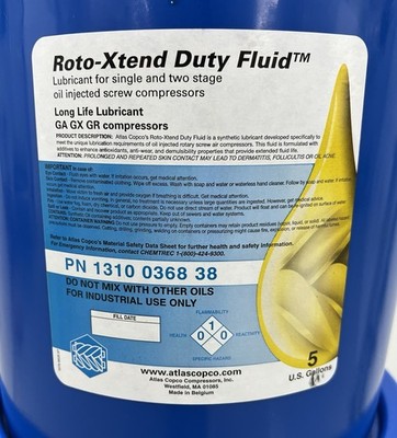 Atlas Copco Roto-Xtend Duty Fluid Lubricant GA GX GR 5 Gal 1310 0368 38
