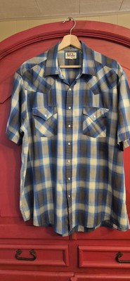 Ely Cattleman 1x Big Man Shirt Pearl Snaps Blue Plaid Western Cowboy Rodeo EUC