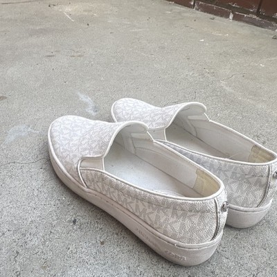 Michael Kors White Logo Slip-On Flats Round Toe Canvas PVC Women's US 9 M