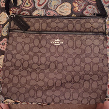 Coach Brown Canvas Logo Shoulder Bag with Logo Accents for Women