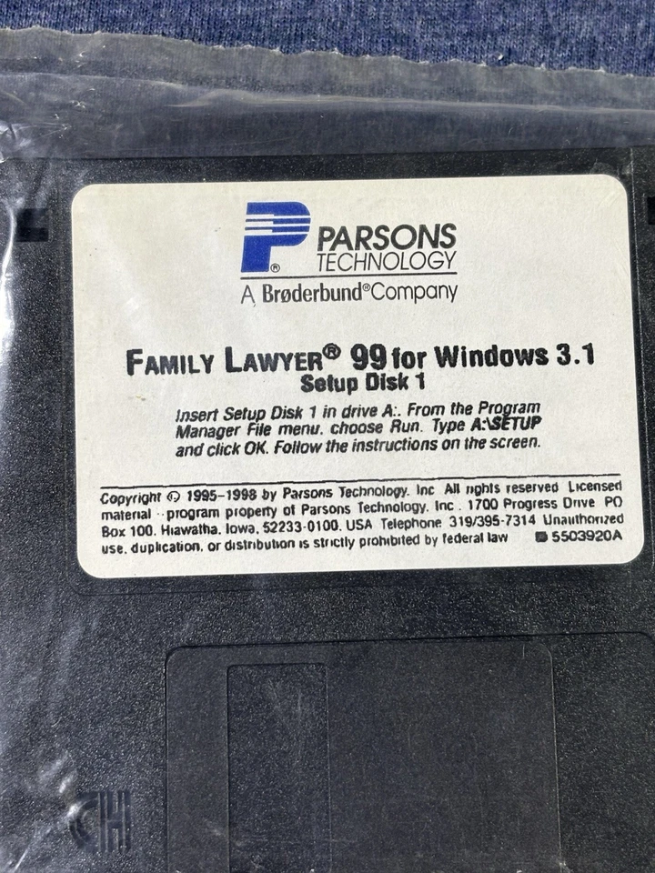 Vintage Parsons Technology Floppy Disc Family Lawyer 99 For Windows 3.1-Disk 1-4 - Image 2 of 4