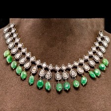 4.90ct Antique Cut Diamond Emerald Studded Silver Vintage Style Necklace Jewelry