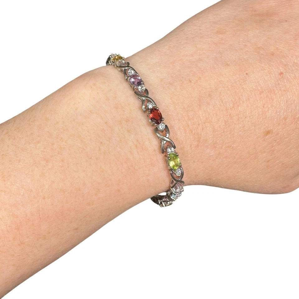 DBJ Vintage Sterling Silver 925 Multi Colored Gemstone XO Tennis Bracelet 7.5” - Image 2 of 4