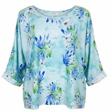 NEW Leo & Nicole Women 1X Blue Floral Watercolor Scoop Neck 3/4 Sleeve Blouse