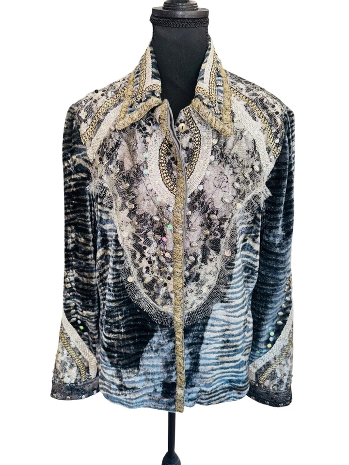 Chaqueta de Terciopelo Adornada Sandy Starkman De Colección Plateada Azul Oeste Suroeste Foto 2 de 4