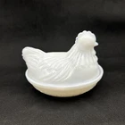 Vintage Milk Glass Hen On Nest Covered Trinket Dish Box Master Salt Cellar 1950s
