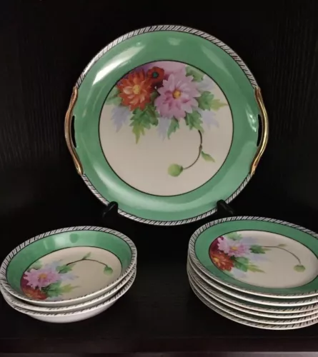 Vintage Made in Japan Porcelain Dishes 1920's 1930's Floral Green w/Gold Trim