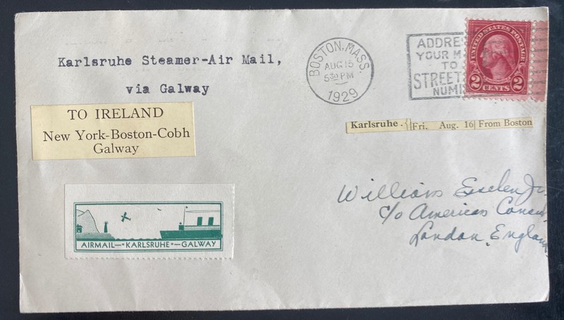 1929 Boston MA USA Karlsruhe Steamer Airmail Cover To London England Via Ireland