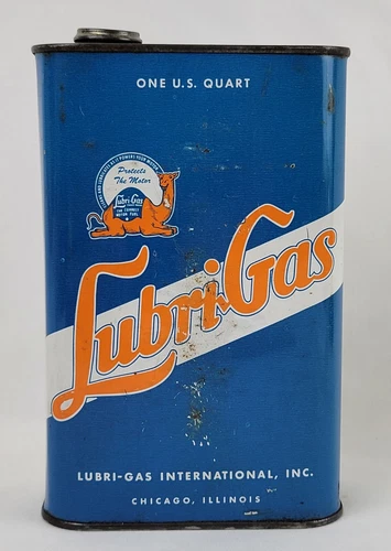 Vtg Lubri-Gas Graphic Tin Motor Oil Quart Can Chicago Sign Garage Mancave Decor