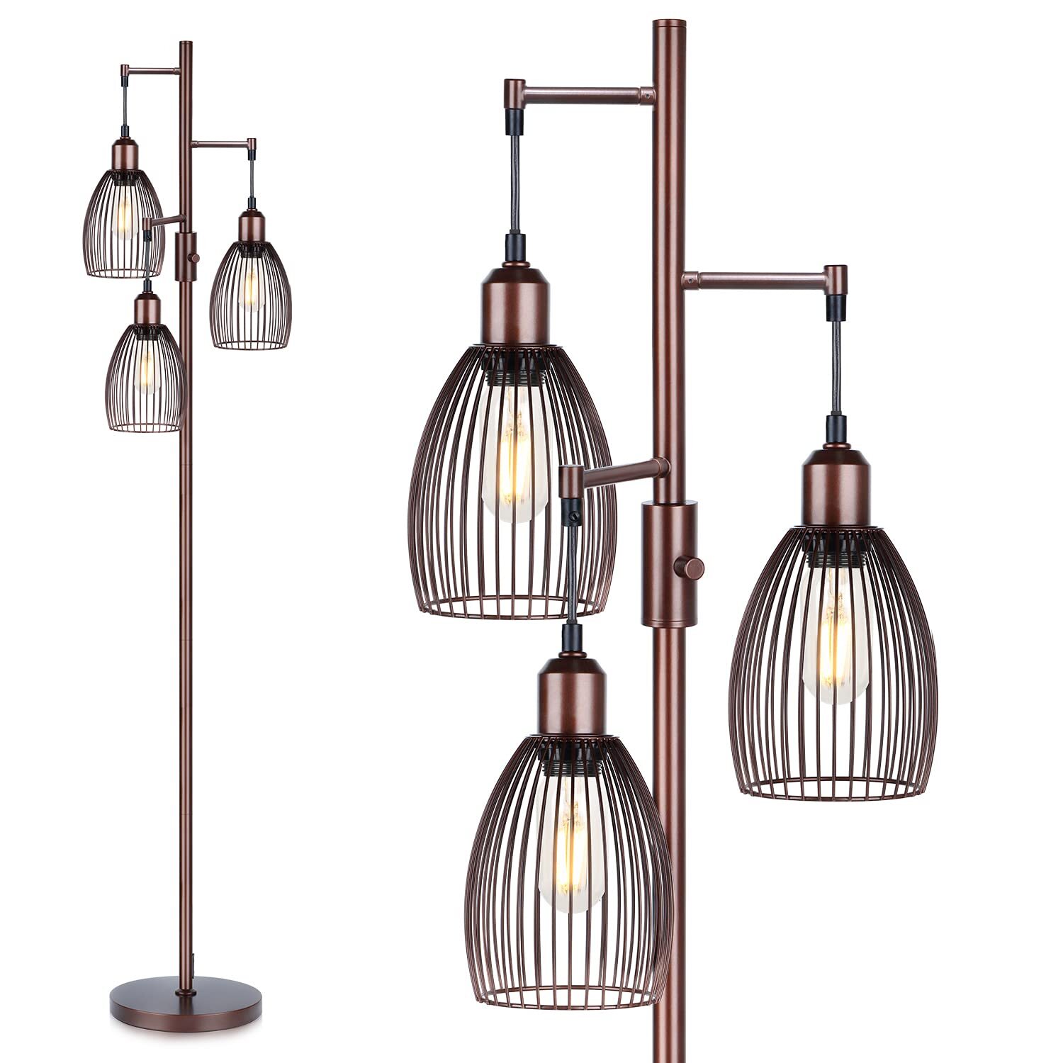 Dimmable Floor Lamp, 3 x 800LM LED Edison Bulbs Included, Farmhouse Industria...