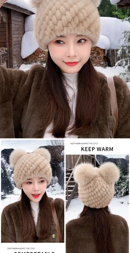Damen Echt Nerz Pelzmütze Beanie Winter warm Strick Outdoor Mütze mit Fuchspelz Ball - Bild 7 von 24